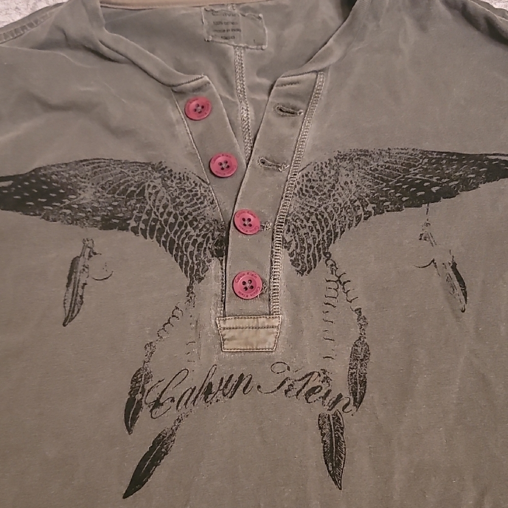 Calvin Klein Men's Large Olive Button Long Sleeve Shirt with Black Graphic